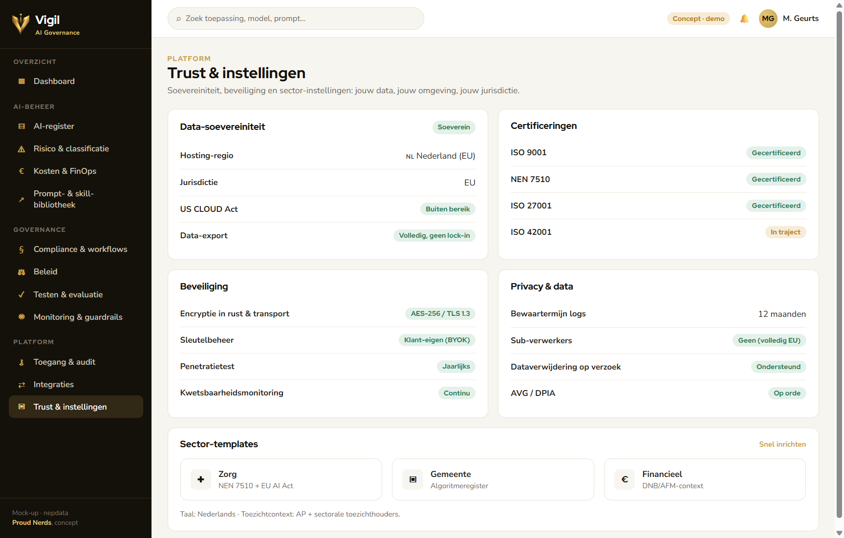 Vigil trust en instellingen: data-soevereiniteit, hosting in NL/EU, US CLOUD Act buiten bereik, volledige data-export